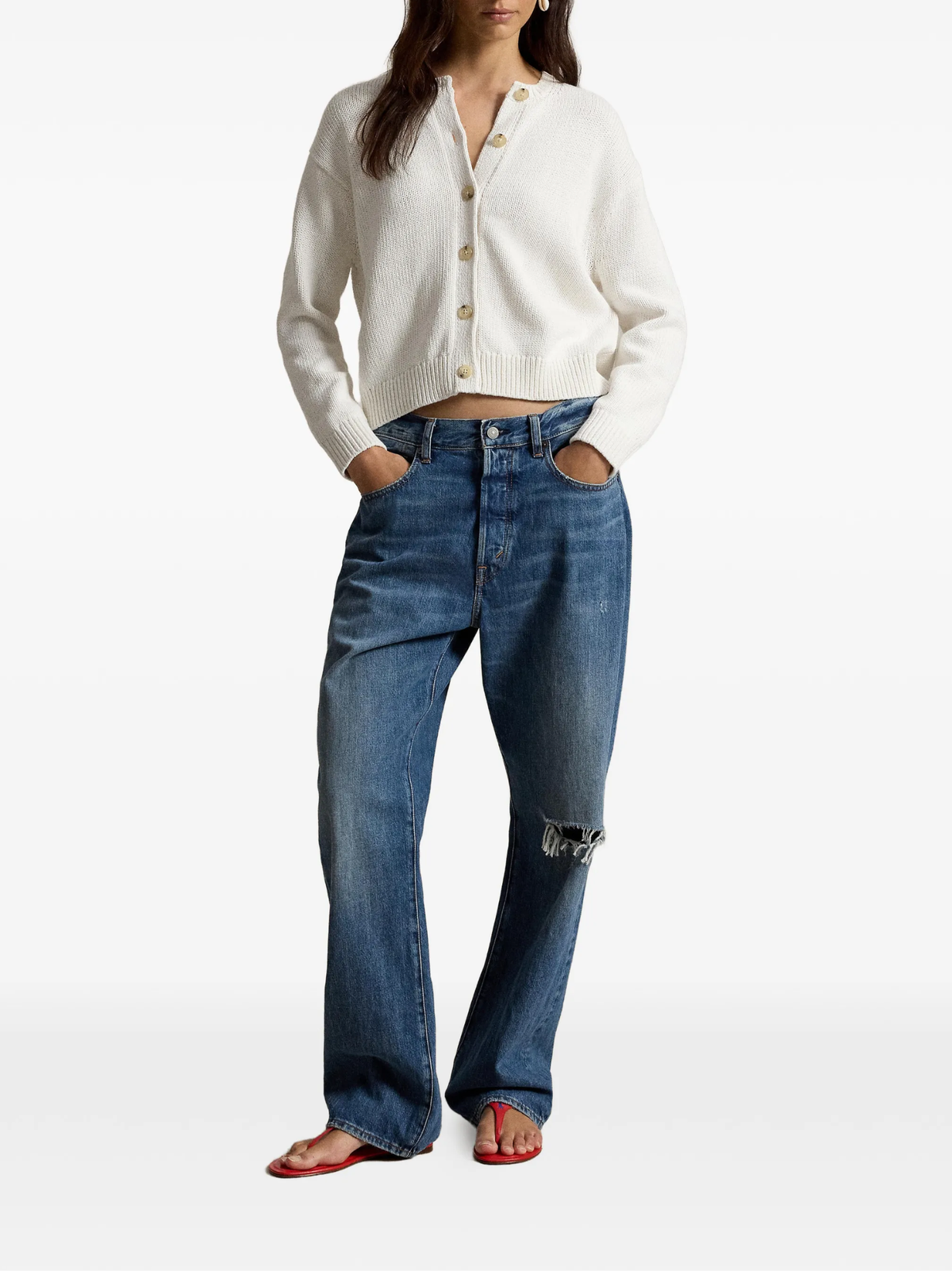 RALPH LAUREN WOMEN Linen-blend Crewneck Cardigan White