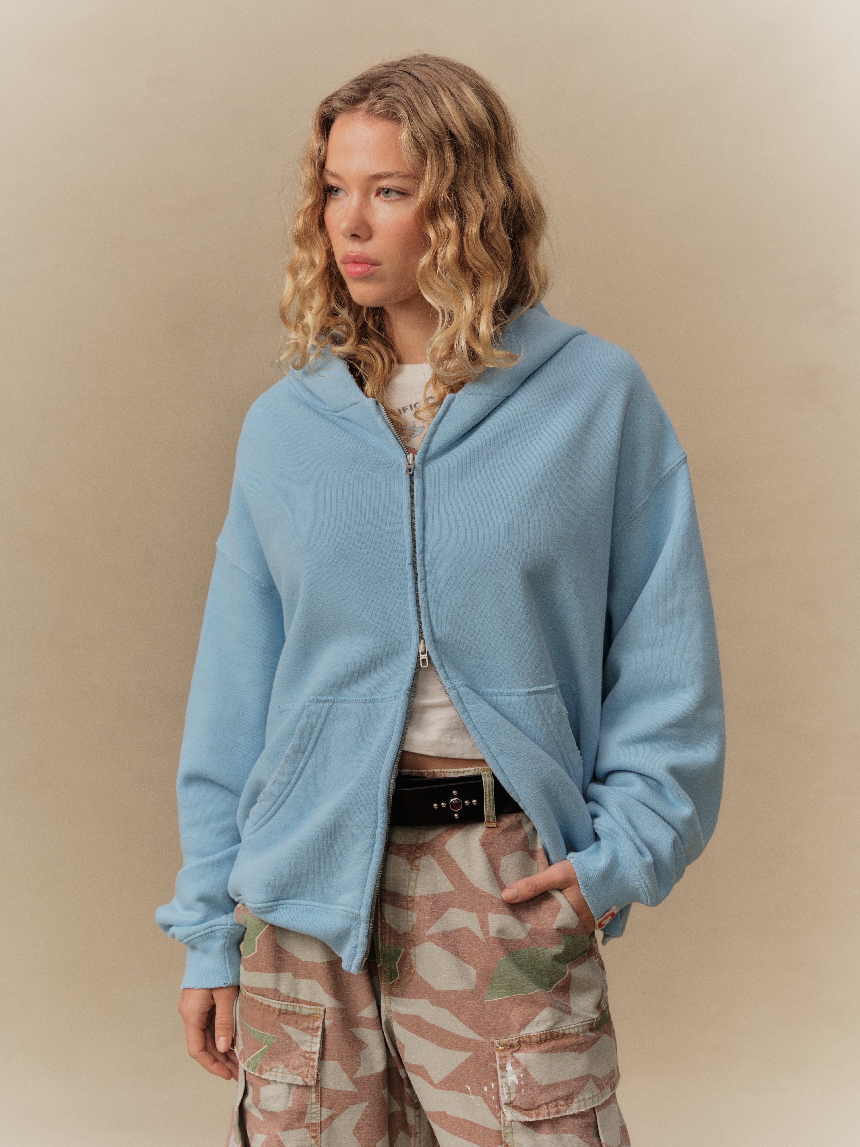 Distressed Zip Up Hoodie (Sky Blue)