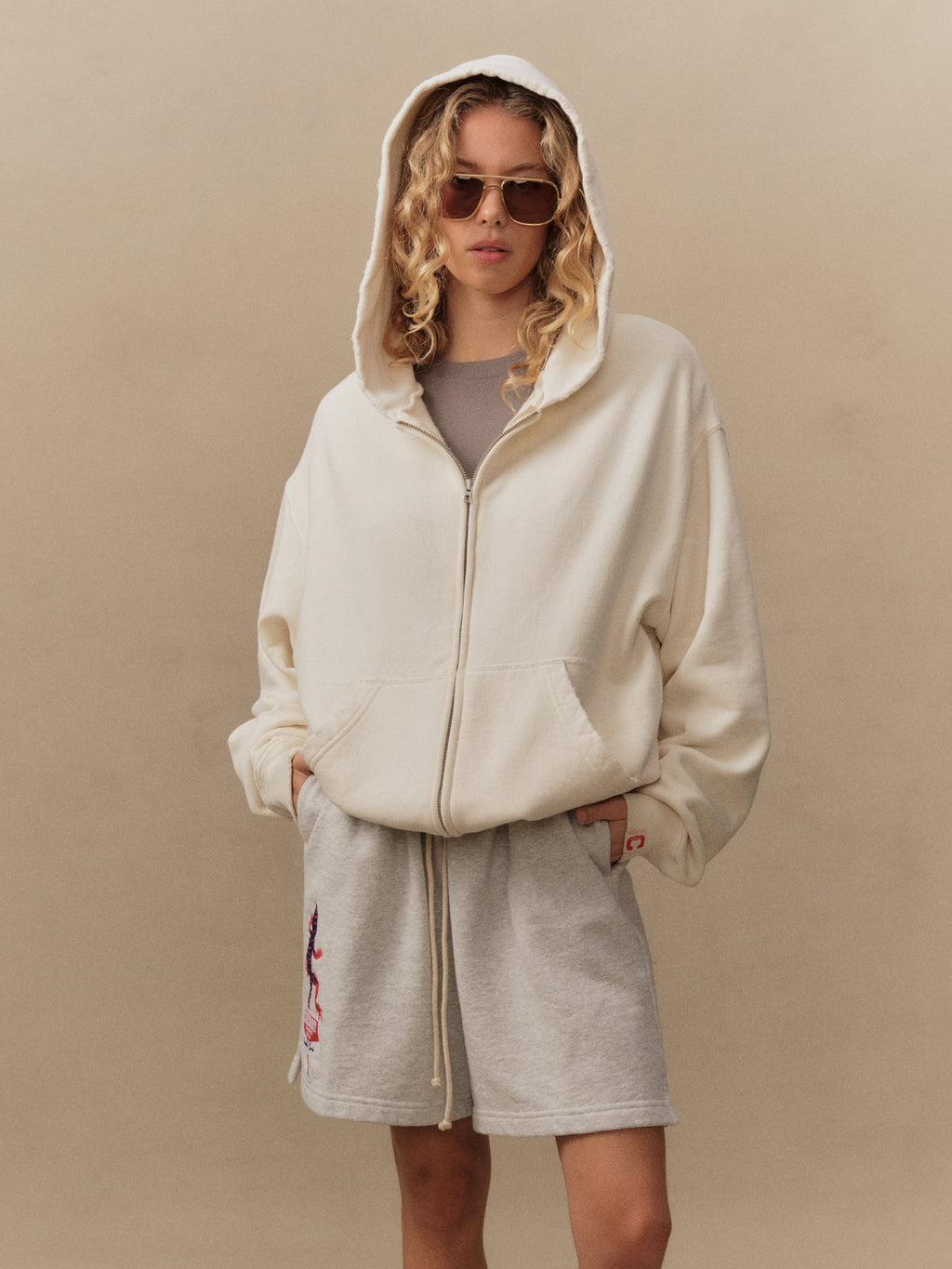 Distressed Zip Up Hoodie (Straw)
