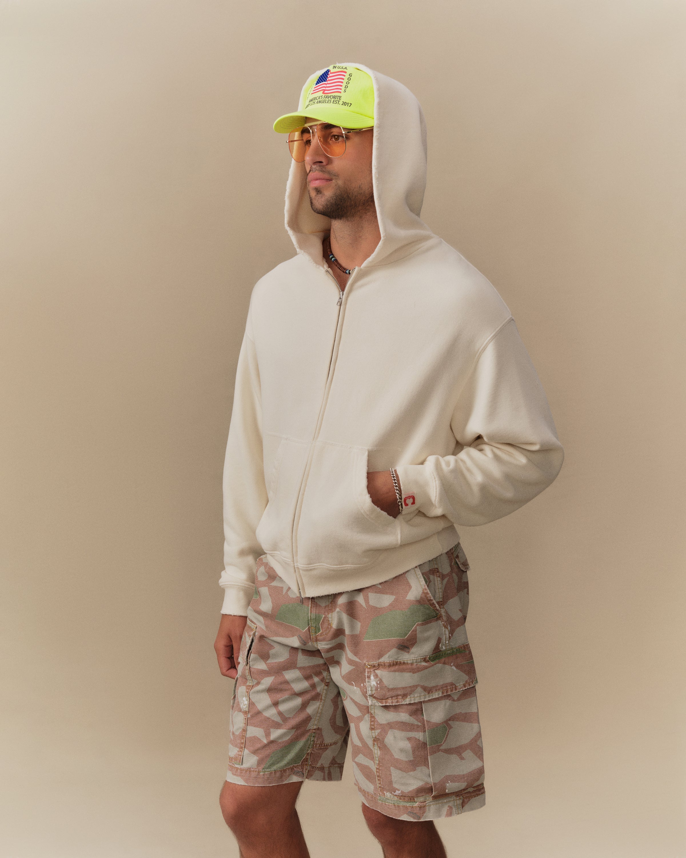 Distressed Zip Up Hoodie (Straw)