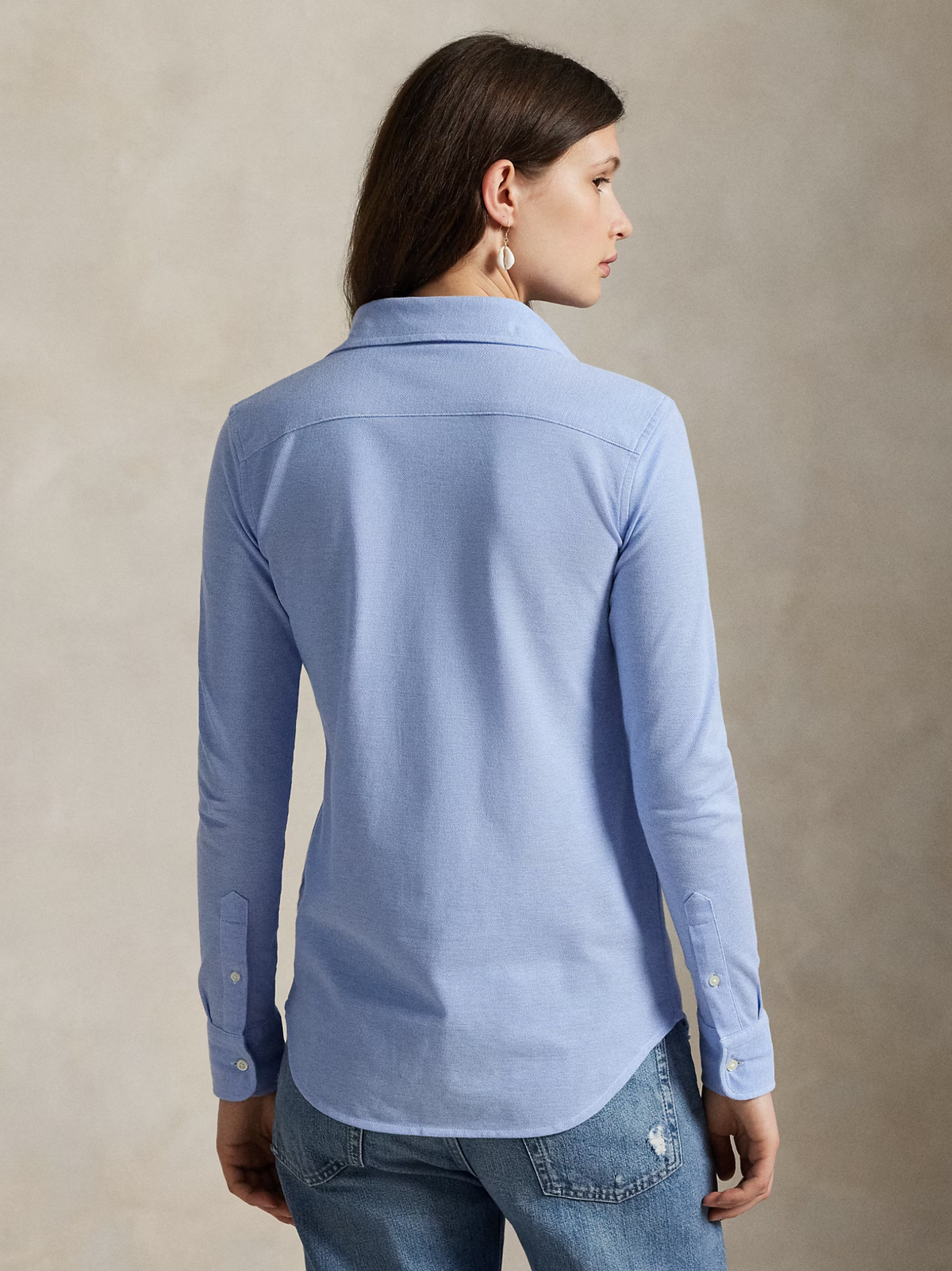 RALPH LAUREN WOMEN Slim Fit Knit Cotton Oxford Shirt Blue