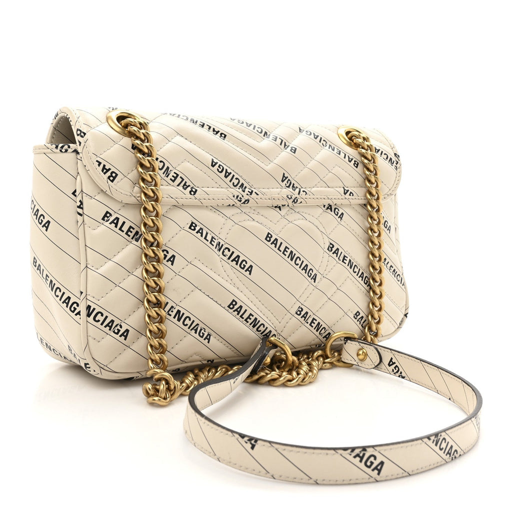 X BALENCIAGA Calfskin Matelasse Logo Print Small GG Marmont Shoulder Bag White