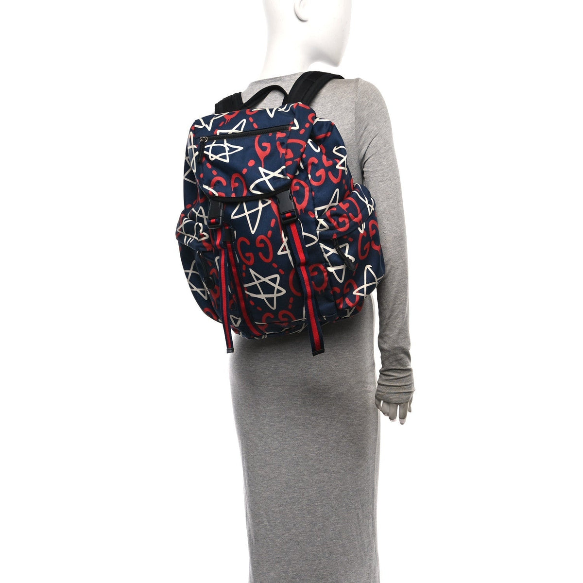 Techno Canvas GucciGhost Double Buckle Backpack Blue Agata Hibiscus Red