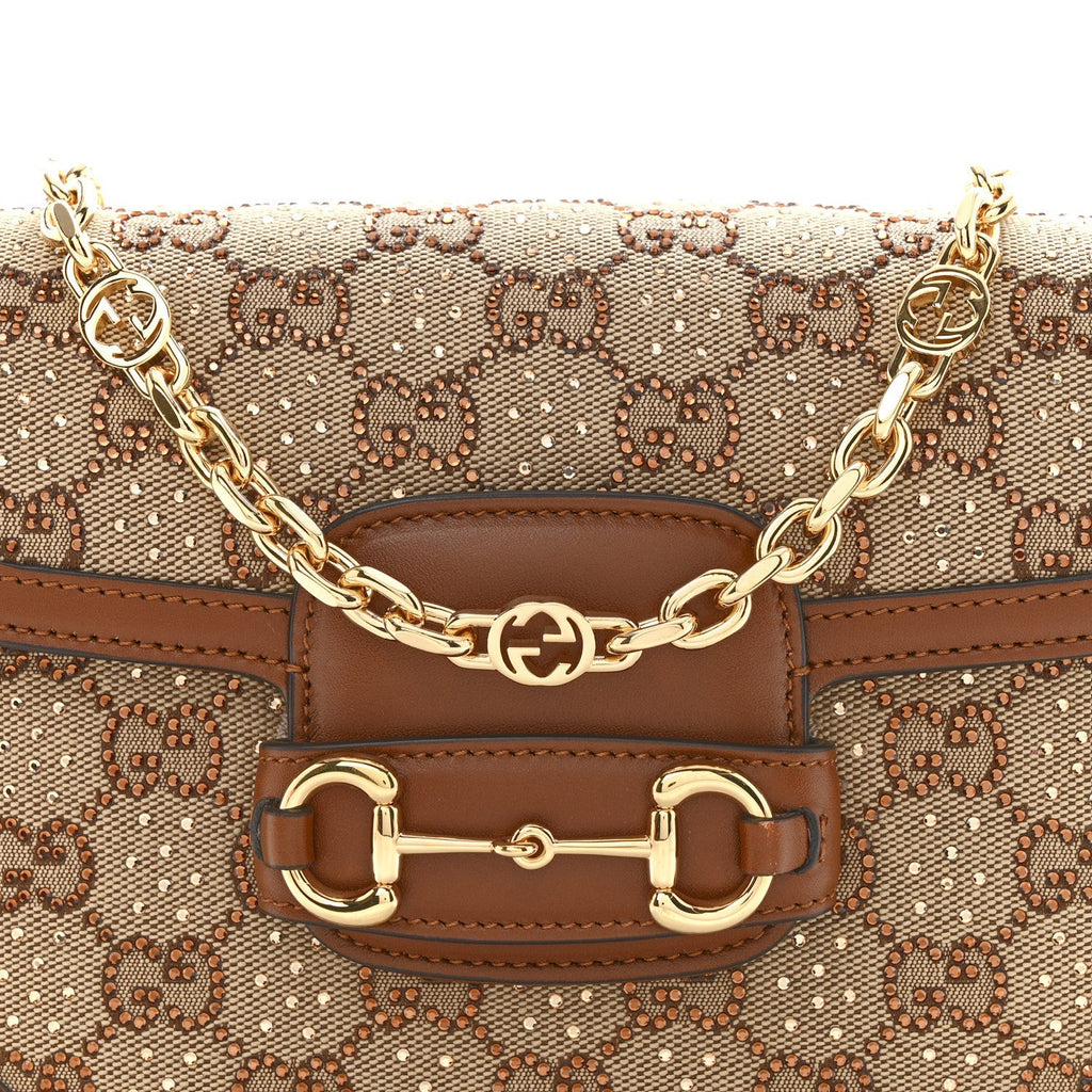 New Canvas Charisma Calfskin Crystal GG Monogram Mini Horsebit 1955 Shoulder Bag Camel Ebony