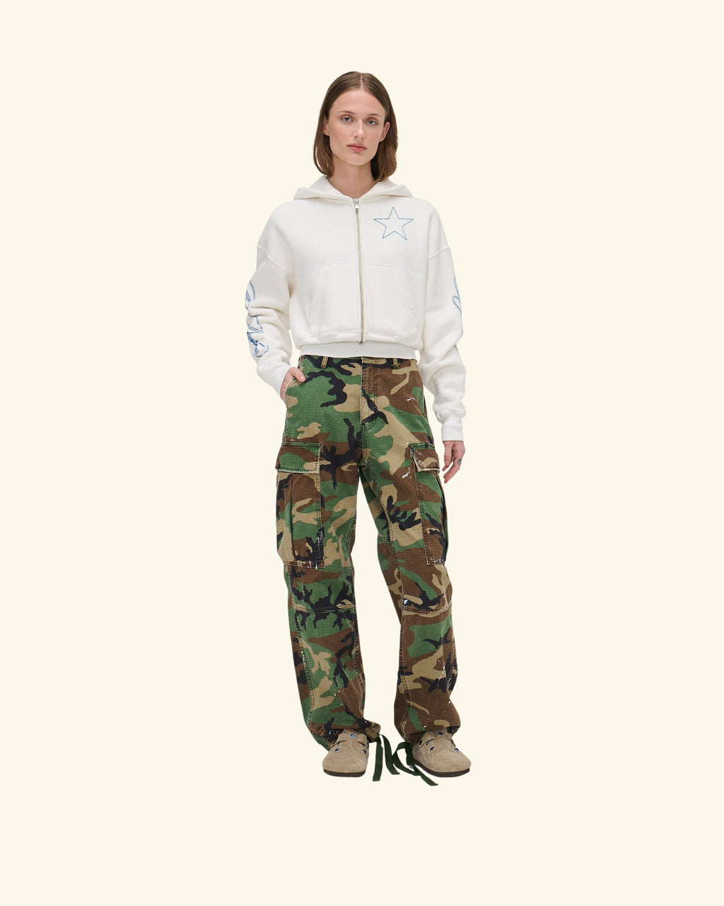 American Star Cropped Zip Hoodie (Vintage White)